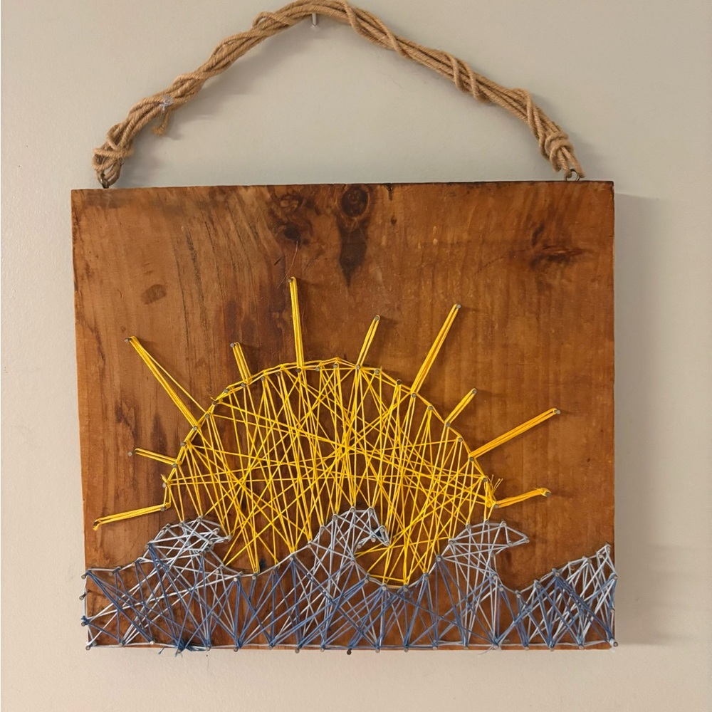 Sun and Waves String Art on Wood